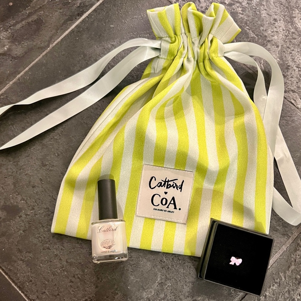 Catbird x CoA Green Striped Drawstring Bag w/ Moonflower Nail Polish & Bow Charm